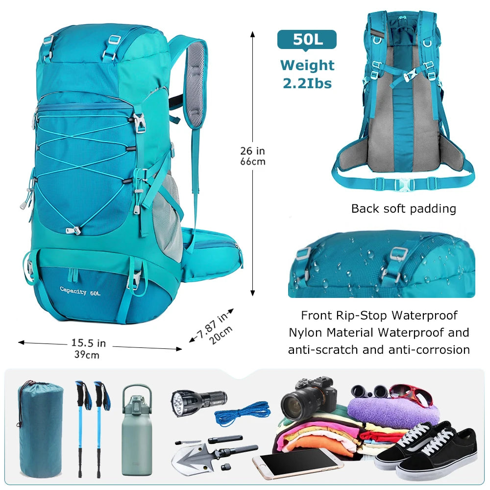50L Waterproof Hiking Backpack with Rain Cover – Trekking Rucksack