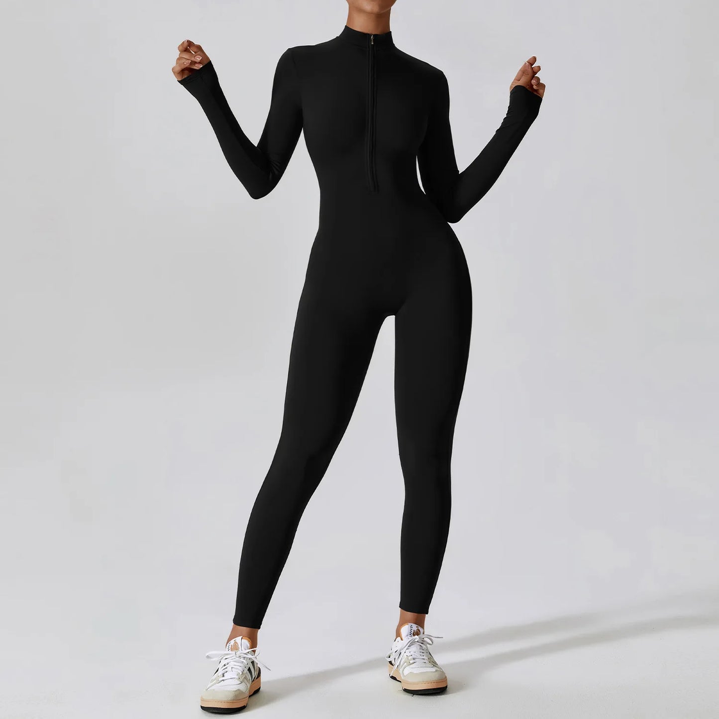 Women’s One-Piece Workout Jumpsuit – Long-Sleeve Push-Up Fitness Bodysuit