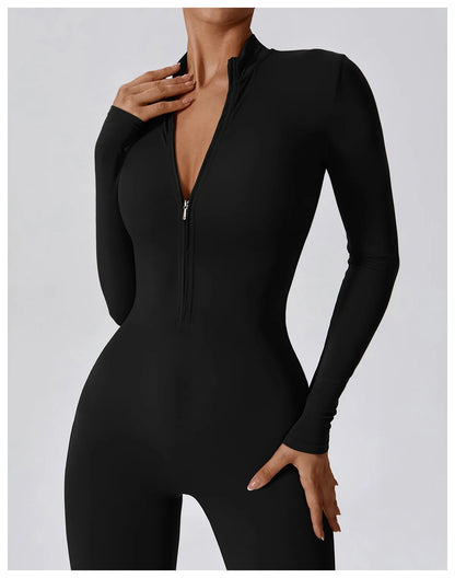 Women’s One-Piece Workout Jumpsuit – Long-Sleeve Push-Up Fitness Bodysuit