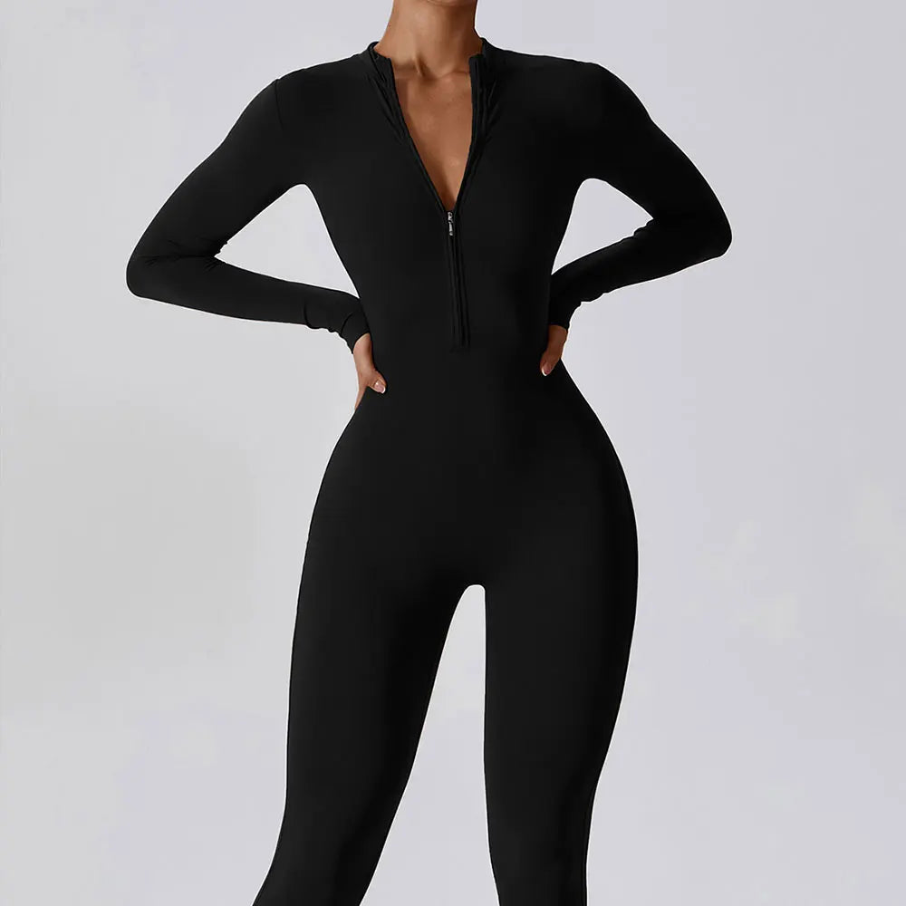 Women’s One-Piece Workout Jumpsuit – Long-Sleeve Push-Up Fitness Bodysuit