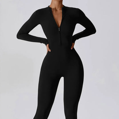 Women’s One-Piece Workout Jumpsuit – Long-Sleeve Push-Up Fitness Bodysuit