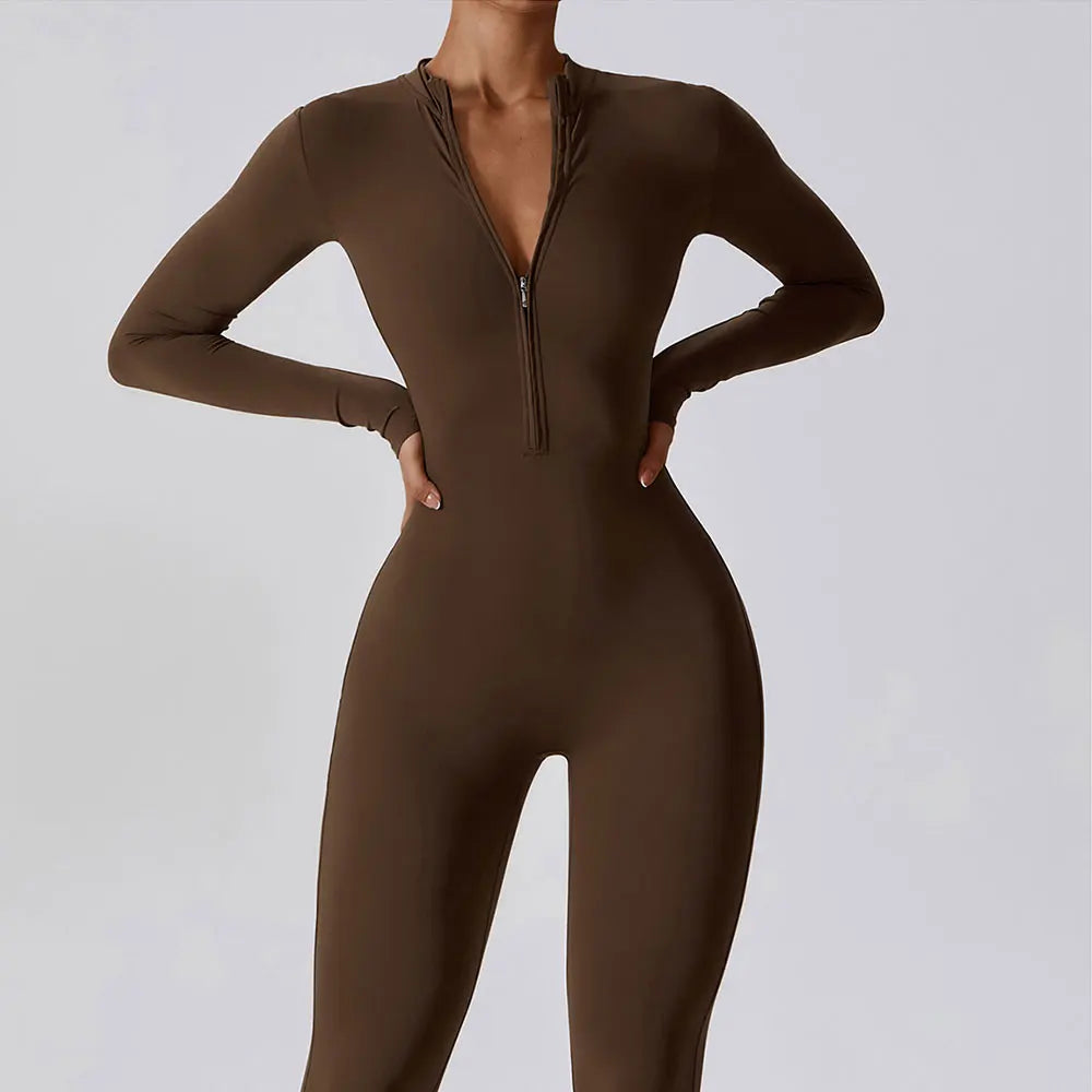 Women’s One-Piece Workout Jumpsuit – Long-Sleeve Push-Up Fitness Bodysuit