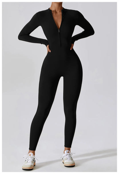 Women’s One-Piece Workout Jumpsuit – Long-Sleeve Push-Up Fitness Bodysuit