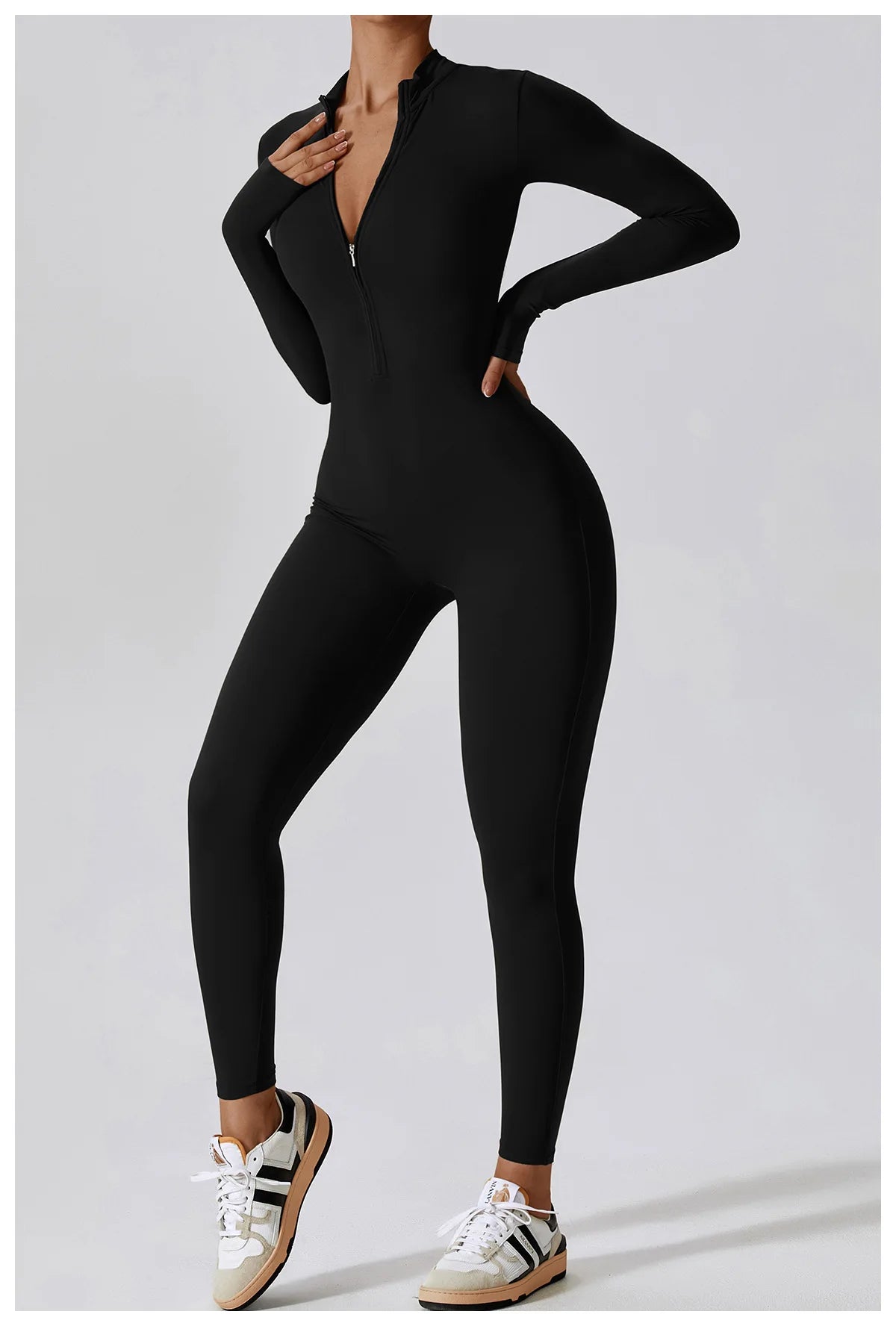 Women’s One-Piece Workout Jumpsuit – Long-Sleeve Push-Up Fitness Bodysuit
