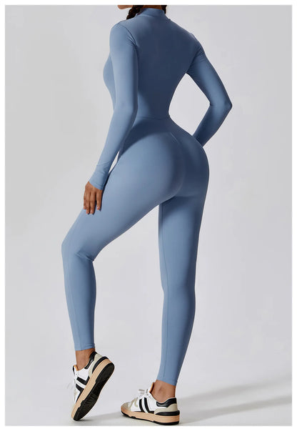 Women’s One-Piece Workout Jumpsuit – Long-Sleeve Push-Up Fitness Bodysuit