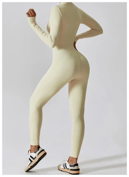 Women’s One-Piece Workout Jumpsuit – Long-Sleeve Push-Up Fitness Bodysuit