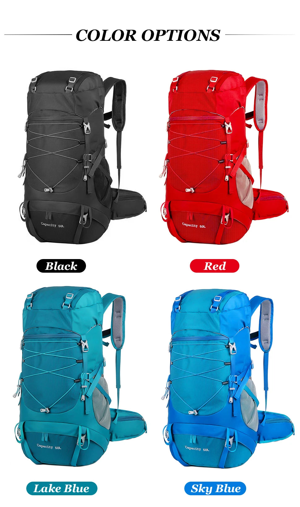 50L Waterproof Hiking Backpack with Rain Cover – Trekking Rucksack